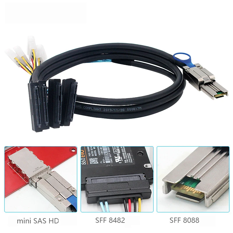 1M 0.5M SFF-8088 To SFF-8482 SAS SATA Cable Mini SAS 26Pin SFF 8088 to 4 SFF 8482 SAS 29Pin SAS Cable With Big 4Pin Power Cable