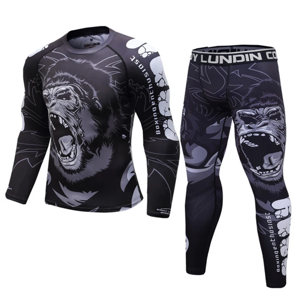 MMA boks T Shirt + spodnie męskie Jiu Jitsu wysypka Guard dres spodenki Muay Thai Rashguard MMA kompresji kick-Boxing koszulki rowerowe zestawy