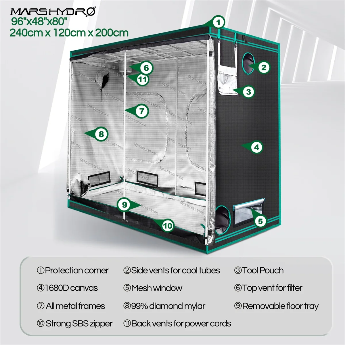 Mars Hydro 240X120X200cm Indoor LED Grow Tent 1680D Indoor Growing  System Non-toxic plant room garden Water-proof