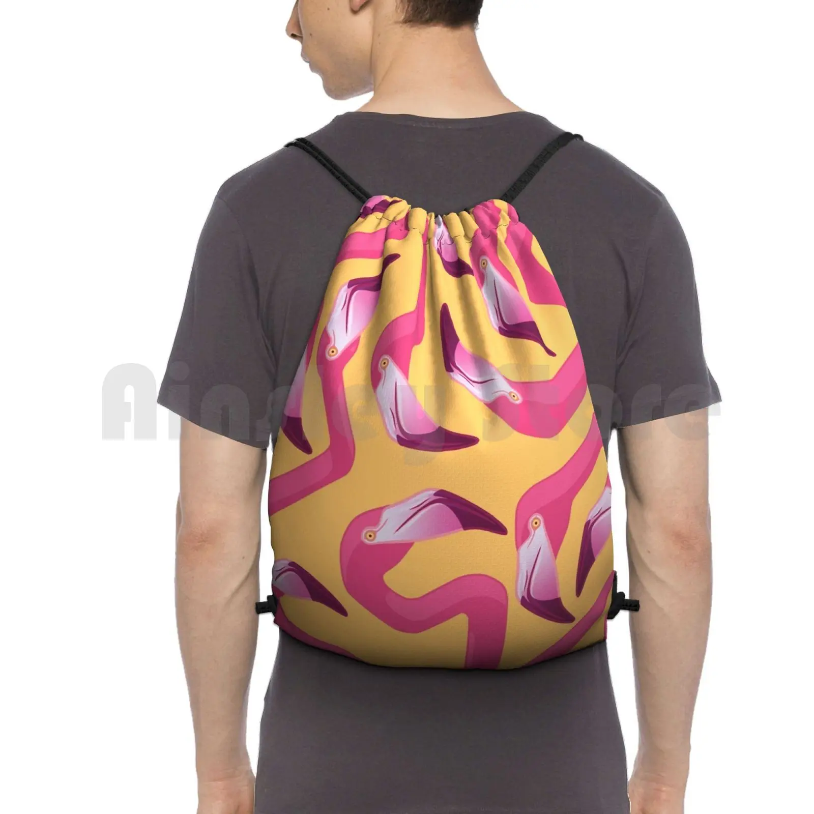 Flamingo Maze Backpack Drawstring Bags Gym Bag Waterproof Flamingo Flock Flamingoes Tropical Birds Geometric Pink Yellow