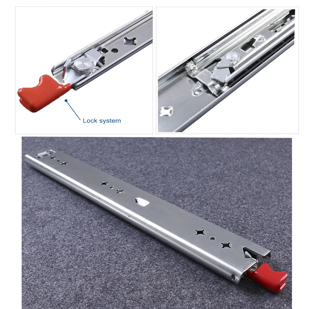 Drawer Slide Rail Heavy Duty ATM Vehicle Furniture Slider 53mm Safety Lock 120KG Capacity Ball Bearing Three Fold Full Extension