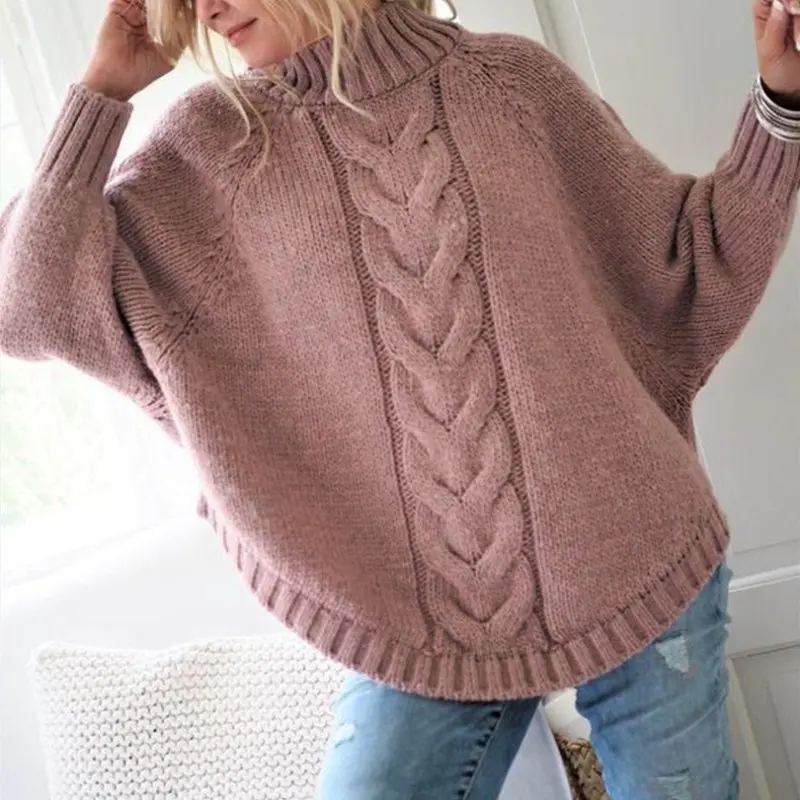 Spring Autumn Acrylic Women\'s Sweater Turtleneck Long Sleeve Pullover Knitted Solid Asymmetrical Fashion Streetwear Sweater