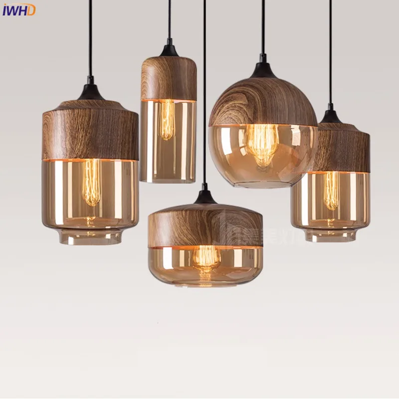 

IWHD Nordic Modern LED Pendant Lights Fixtures Bedroom Dinning Living Room Light Wood Color Glass Hanging Lamp Luminaria