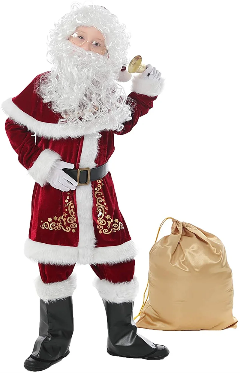 Fantasia Cosplay de Papai Noel para adultos, vermelho, veludo deluxe, fantasia, terno de Natal, festa de Natal, roupas familiares, conjunto 8 peças