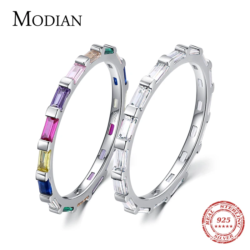 Modian Authentic 925 Sterling Silver Rainbow Emerald cut Rectangle CZ Finger Rings for Women Wedding Band Engagement Jewelry