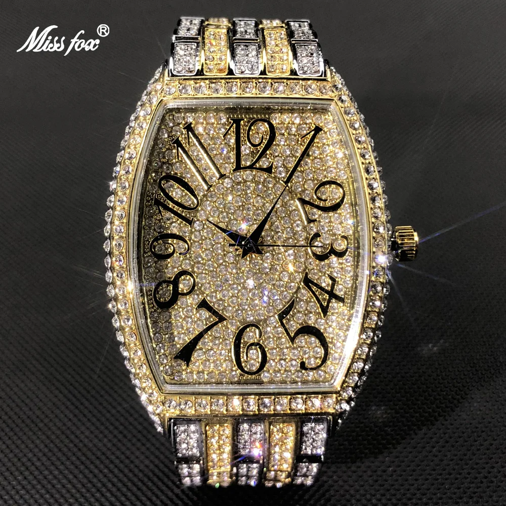 MISSFOX 2021 Fashion Men Wristwatch Luxury Big Dial Full Diamond Quartz Watch Male Hip Hop Iced Out Tonneau Clock Dropshipping