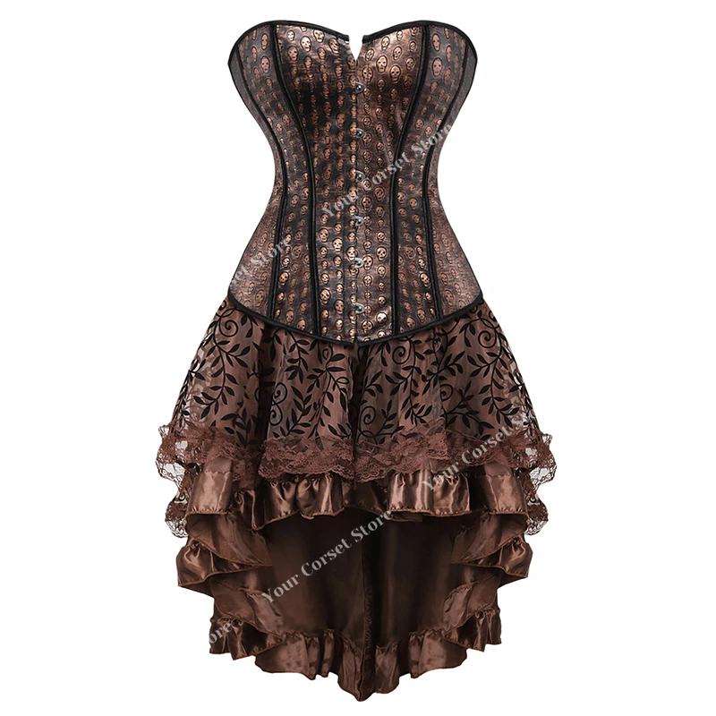 Steampunk Pirate Costume Women Corset Dress Skirt Lace Up Plus Size Zipper Faux Leather Corset Dress Brown Pirate Costume