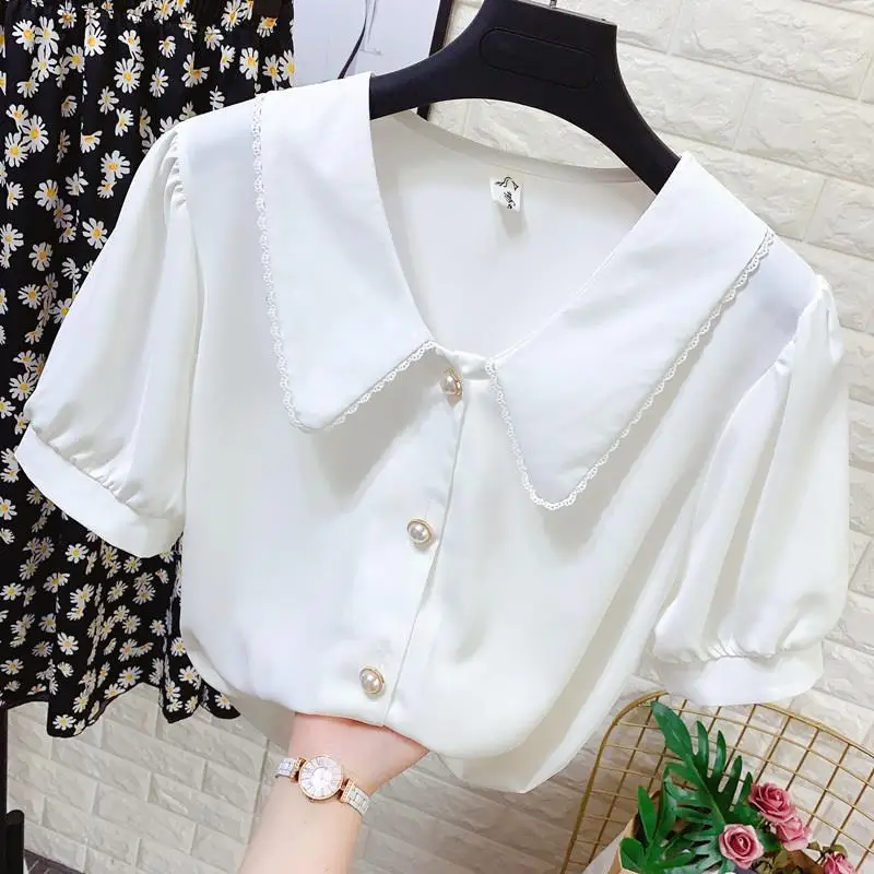 Women's Shirt 2024 New Doll Collar Short-sleeved Chiffon Blouse Summer Sweet Pearl Single-Breasted Shirts Casual Top Clothing