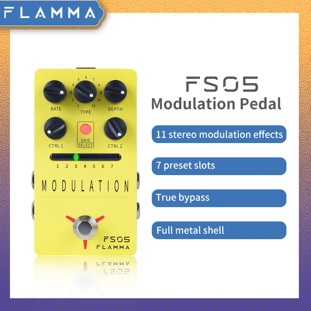 FLAMMA FS05 pedał modulacji Stereo gitara cyfrowa pedał efektów z 11 efektami modulacji i 7 zaprogramowanych gniazd True Bypass