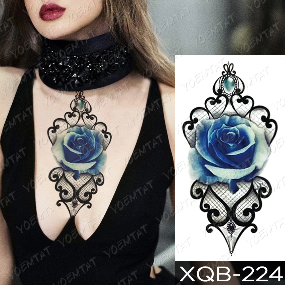 Tatuagem temporária à prova dwaterproof água adesivo azul rosa peônia flores flash tatuagens cruz rosário arte corporal braço manga falsa tatoo feminino