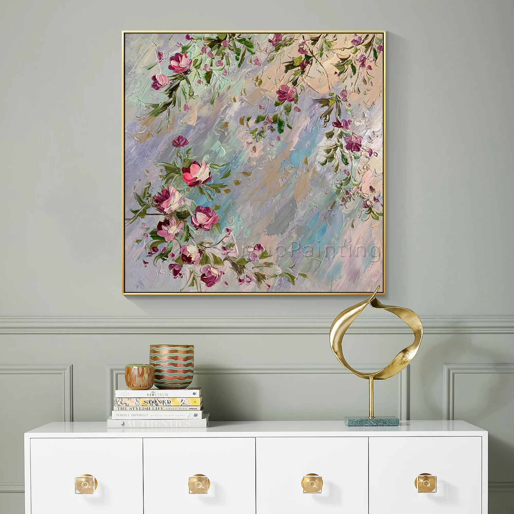 

Modern Abstract Hand painted Canvas oil paintings red pink flower wall Art Home decoration Picture for living room