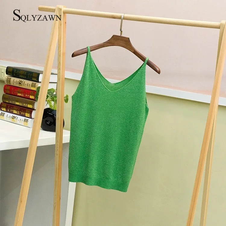 Women 2020 Sexy V Neck Knitted Tank Top Glitter Vest Summer Camisole Women Bright Silk Tank Top Casual Femme Camis Tee 18 Colors