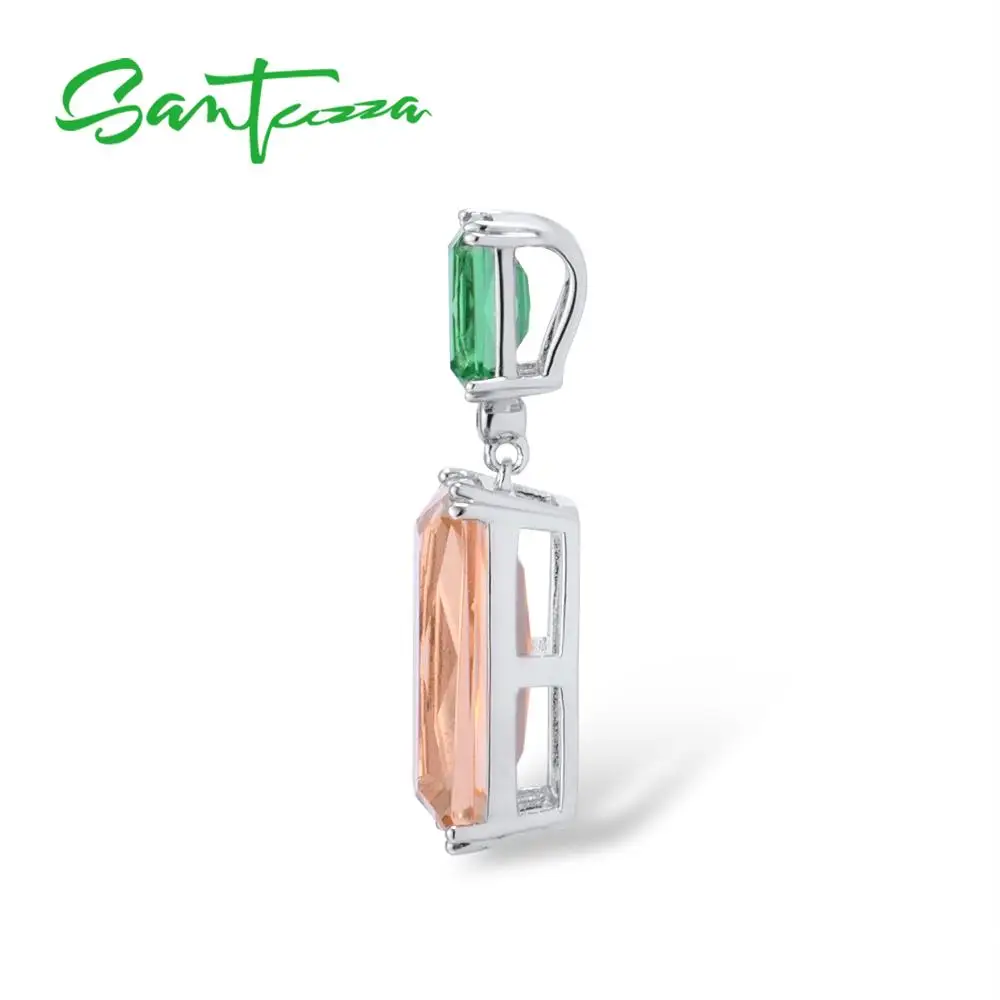 SANTUZZA Silver Pendant for Women Pure 925 Sterling Silver Sparkling Glamorous Octagon Green Orange Crystal Party Fine Jewelry