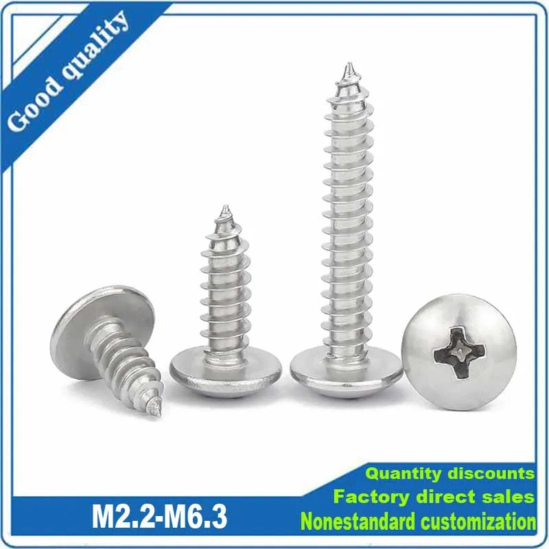 M2.2 M2.9-M6.3 JISB1122T 304 Stainless Steel Large Flat Head Phillips Self Tapping Screw Round Umbrella Mushroom Head Wood Screw