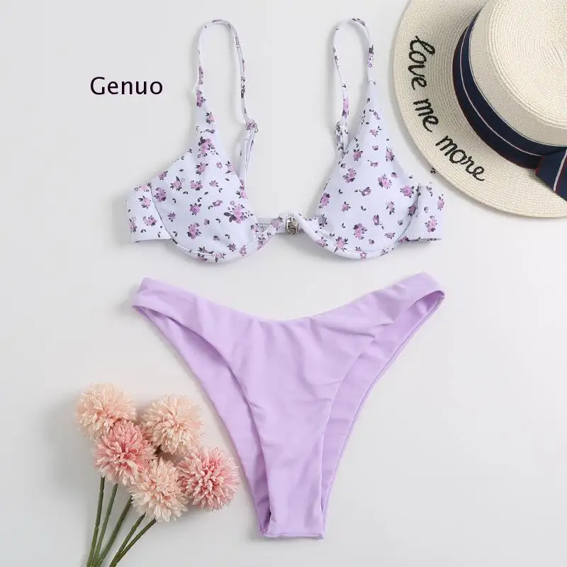 Summer New Women's Split Swimsuit Beach Solid Color Simple Floral Bikini Swimsuit Small Fresh Swimsuit Beachwear