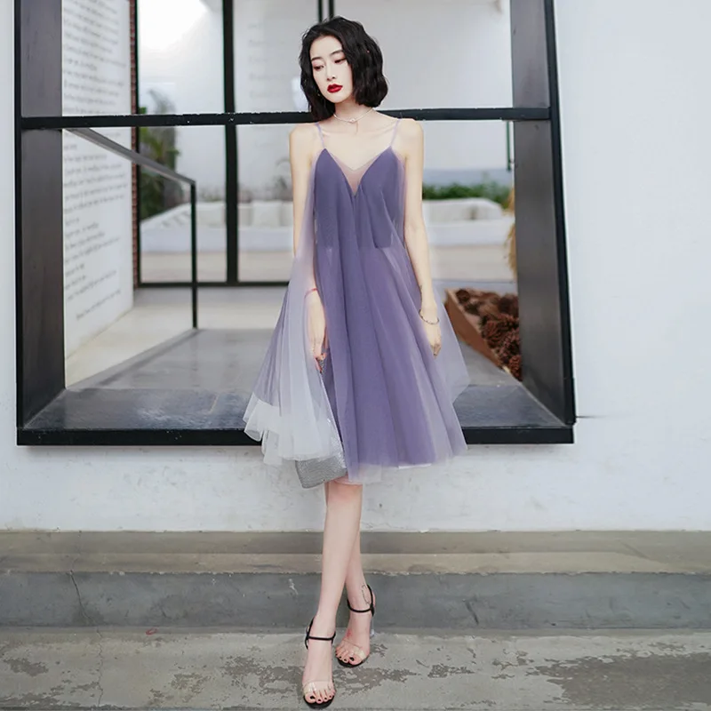 

Purple Elegant Sling Evening Dress Female Fairy Fantasy Forest Purple Floating Yarn Banquet Host Short Luxury Prom Dress A253