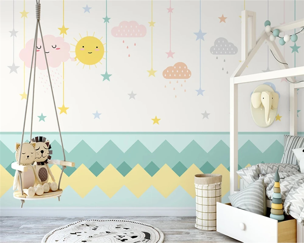 

beibehang Customized nordic hand painted clouds simple children's room boy and girl background wallpaper wall papers home decor