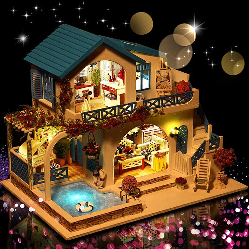 DIY DollHouse Furniture Miniature Wooden Doll House With House Kit Toys for children New Year Christmas Gift Casa Music Led Toys