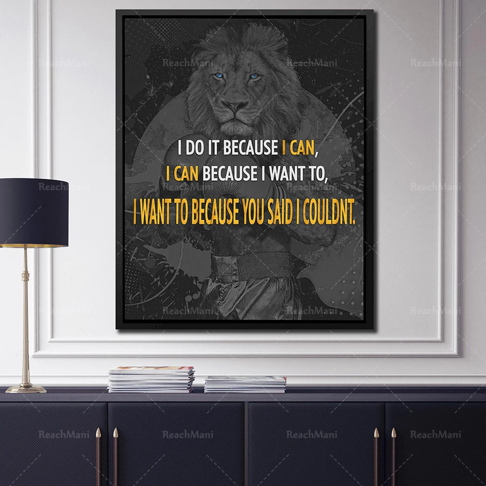 Lion Inspirational Canvas Wall Art | Inspirational Boxing Lion Noir et Blanc Artwork | Decorative Mural Poster for Successful Of