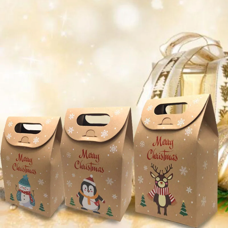 

50PCS Christmas Santa Claus Kraft Paper Food Bags Gift Bag Packaging Biscuit Candy Cookie Bread Seen Snacks Baking Takeaway Bags