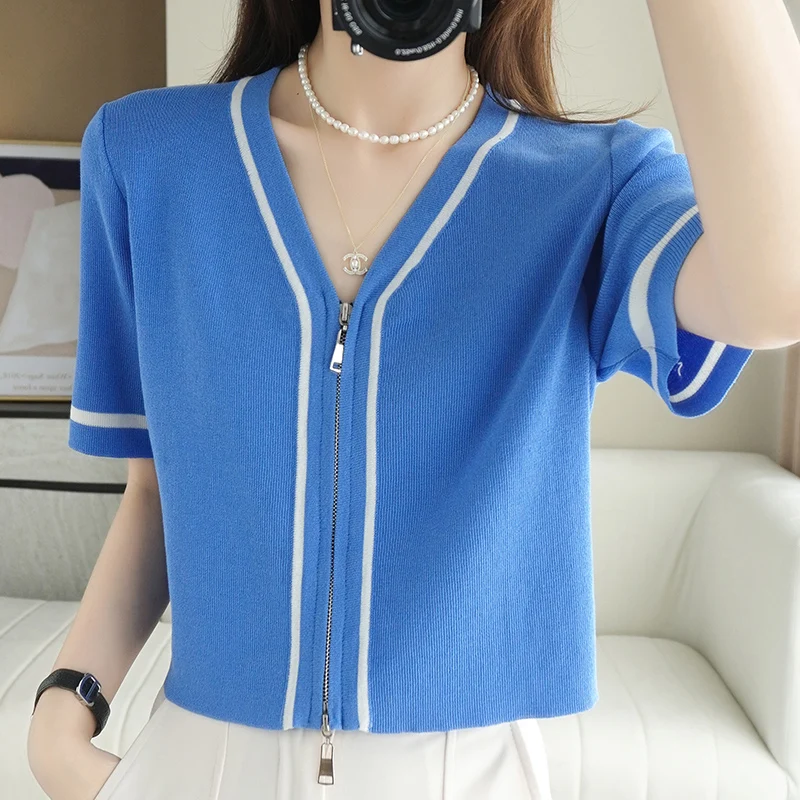 T-shirt Women Summer New Style Zipper Sweater Short-sleeved Casual V-neck Knitted Ladies Tops Pure Color Tees