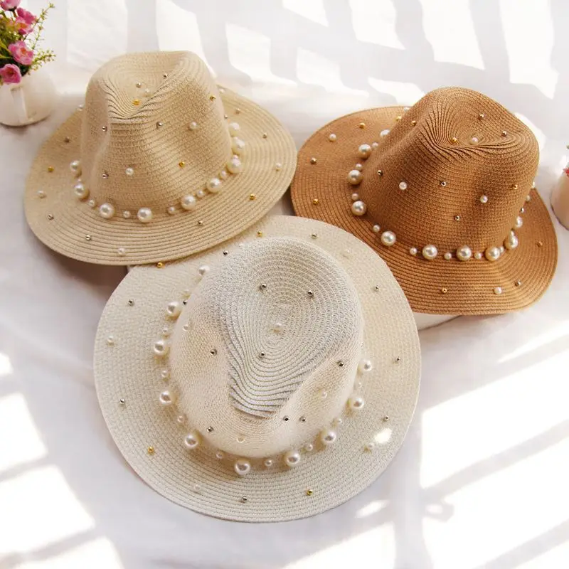 New Spring Summer Hats For Women Flower Beads Wide Brimmed Jazz Panama Hat Sun Visor Beach Hat Flower Pearl rivet Straw Hat