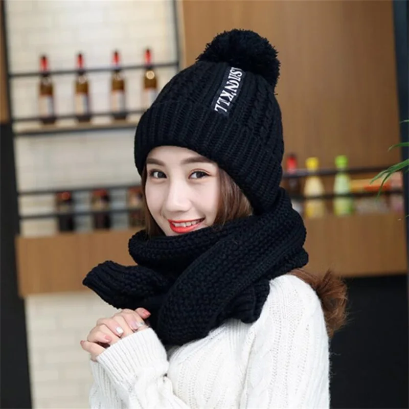 Fashion Women Hat Scarf Sets Autumn Winter Female Thickening Knitted Ear Protection Head Cap for Ladies Girl Warm Hat