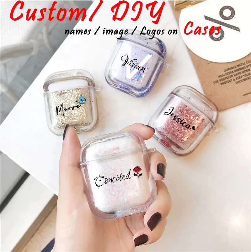 Funda personalizada con logotipo y nombre para Airpods, cubierta de arena líquida con purpurina, bonita funda de plástico duro con diseño personal