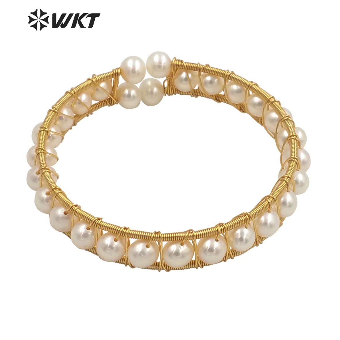 

WT-MPB033 WKT Gold Gorgeous Freshwater Pearl Wire Wrapped Women Bangle High Quality Beads Decoration Elegant Bracelet