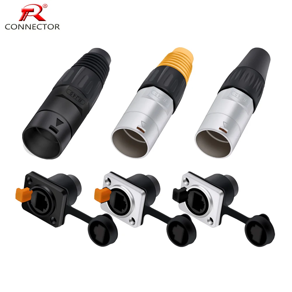 RJ45 Connector,8P8C,Waterproof, RJ45 Male Plug + RJ45 Female Socket Set, Black & Orange Color