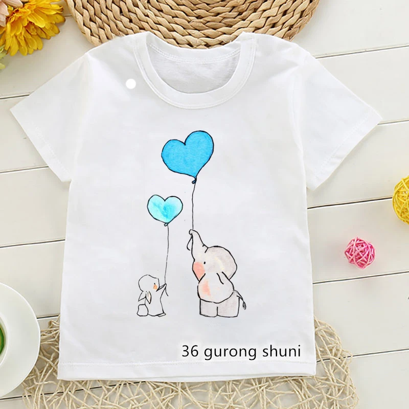 T-Shirt Fot Boys/Girls Funny Elephant And Balloon Cartoon Print Kids T Shirt Summer Tee Boys/Girls Universal Clothes White Tops