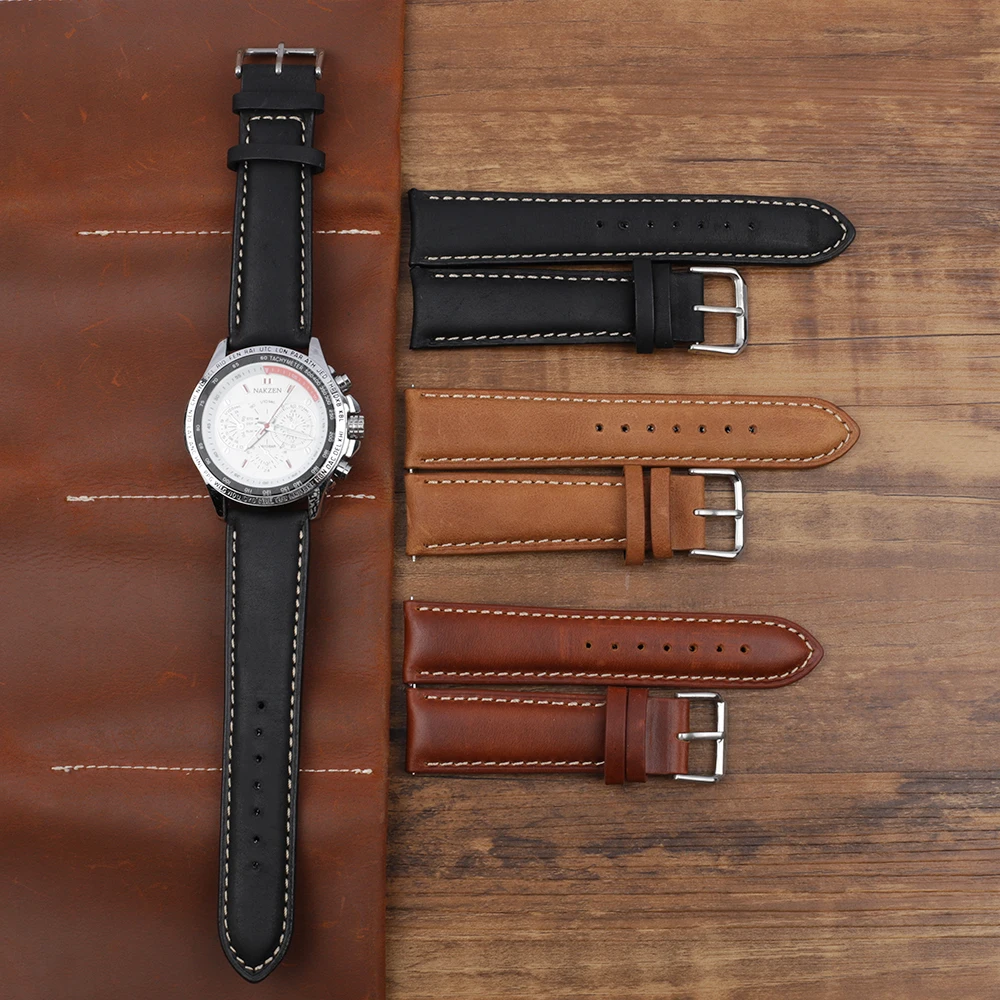 

22mm Retro Genuine Leather Watch Band High Quality Handmade Wristband Black Watch Strap Replacement Stainless Steel Buckle