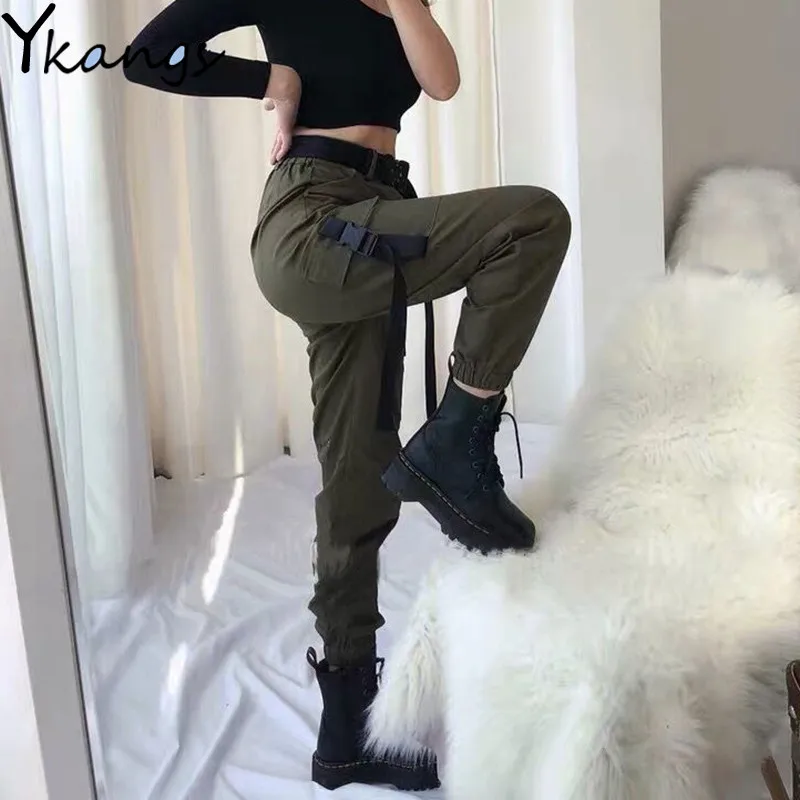 Armygreen-pantalones Cargo con cinturón para mujer, Capri informal de cintura alta, Harajuku, Hip Hop, ropa de calle escolar, color negro