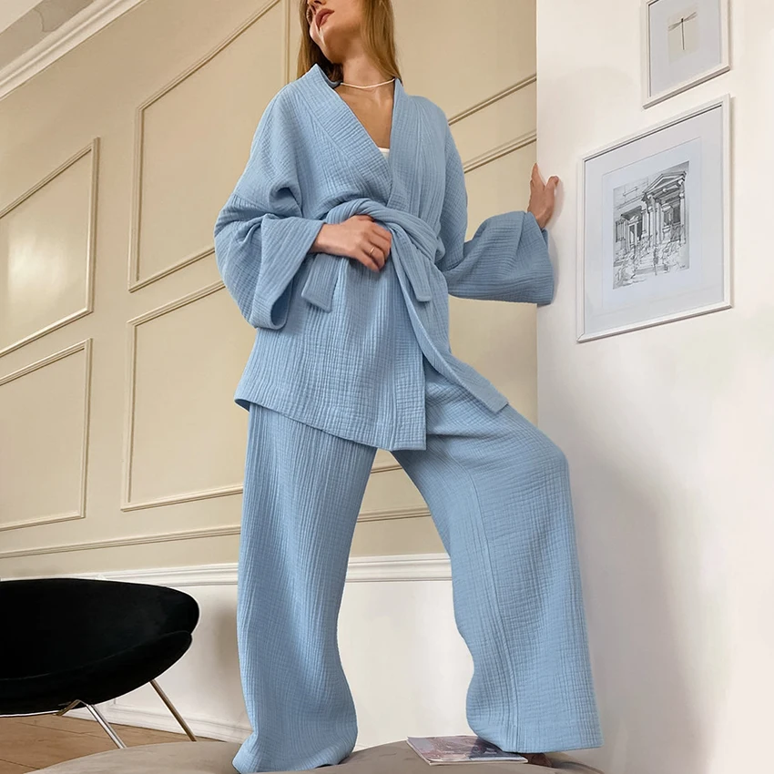 Hiloc Cotton Sleepwear Women Pajama Robe Sets Flare Sleeve Nightgown Set Woman 2 Pieces Robes Woman Lace Up Casual Trouser Suits