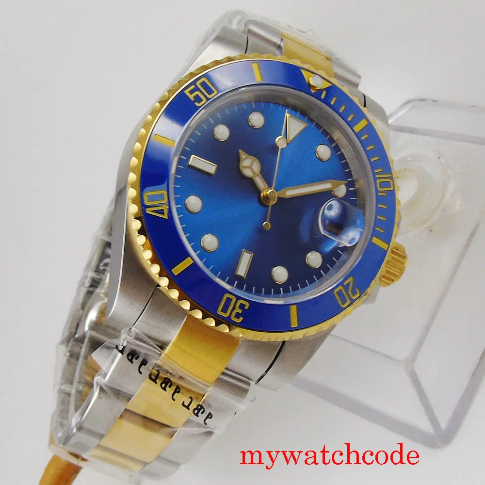 Nologo Two Tone Gold Blue SUB Automatci Watch Men NH35 PT5000 MIYOTA 100M WATERPROOF Sunburst Blue Dial 904L Band Reloj Hombre