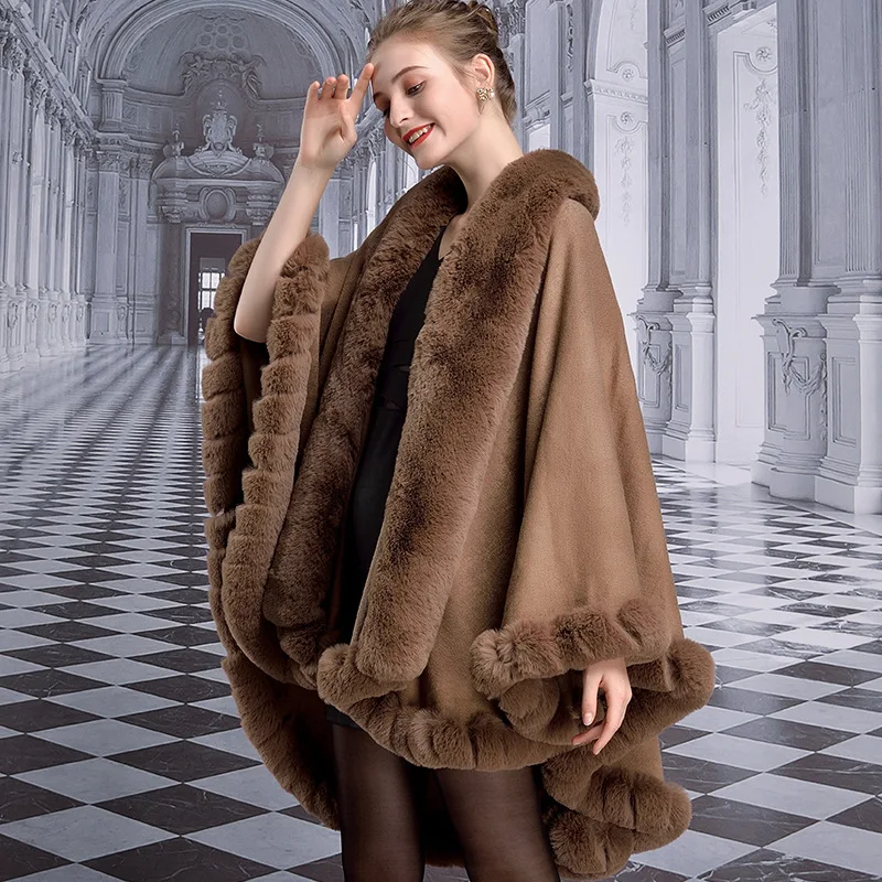 Poncho At Pendule Cape pour Femme, Vert, Dos Long, Everak, Grand Col en Fausse Fourrure de Lapin, Street Wear Out, Manteau Épais, Hiver, 12 Couleurs