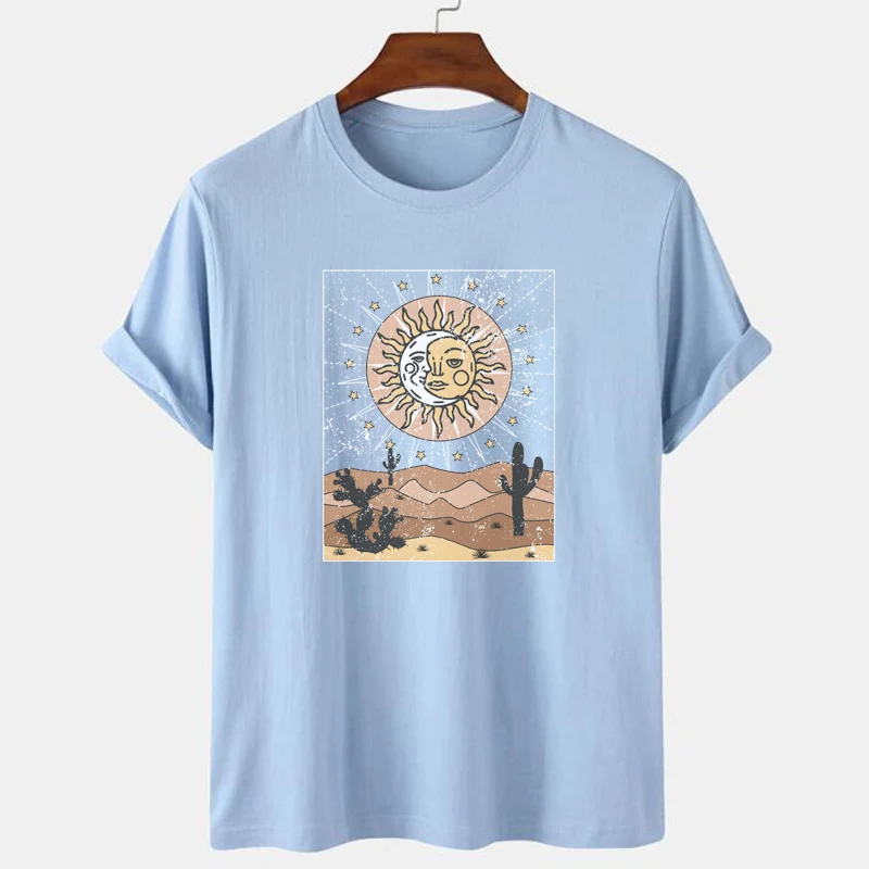 Słońce księżyc kaktus pustynia Retro T koszula Vintage styl Boho z krótkim rękawem damska koszulka Plus rozmiar estetyczny niebiański graficzny Tee