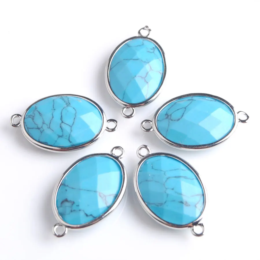 WOJIAER Two Holes Natural Blue Turquoise Stone Oval Facted Section Beads for Women Jewelri Make Necklace DIY Bracelet Z9052