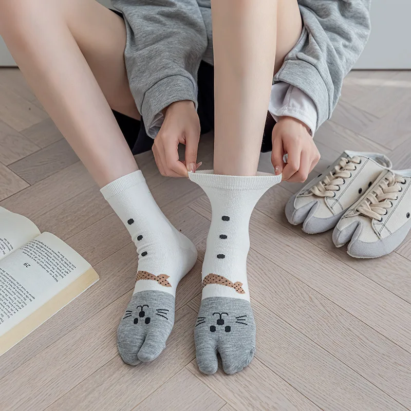 

5 Pairs Novelty Two Toe Tabi Socks Young Women Girls Funny Cute Cartoon Cat Sock Harajuku Cotton Casual Flip-flop Socks 2 Finger