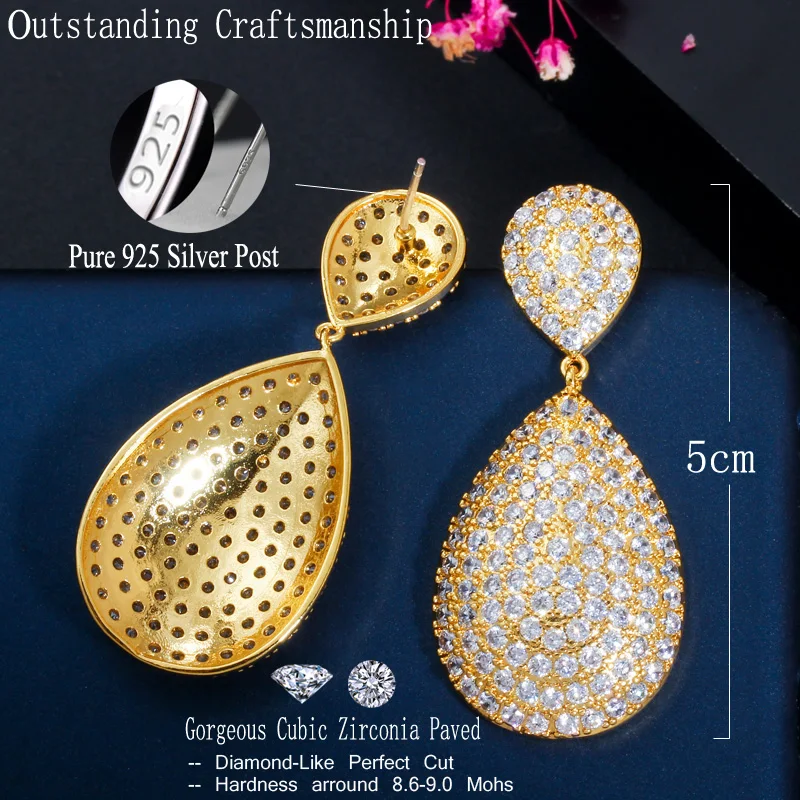 CWWZircons Classic Long Big Water Drop Indian Gold Color Luxury Micro Pave CZ Earrings Dubai Bridal Wedding Jewelry CZ652