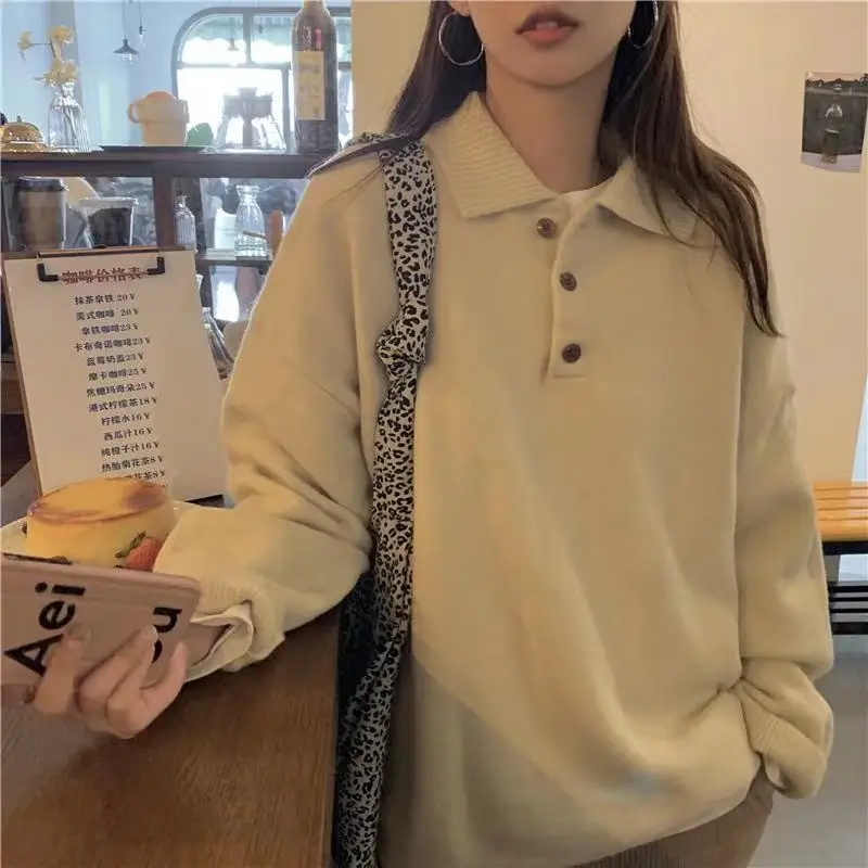 2021 korean style loose Turn Down Collar knitted sweaters womens Casual sweaters and pullovers Female (N0252)