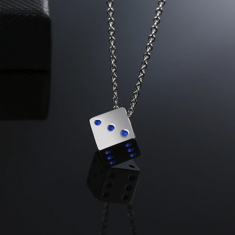 DICE ROLL SILVER COLOR GAMBLERS NECKLACE STAINLESS STEEL FEELING LUCKY SQUARE DICES PENDANT FOR MEN