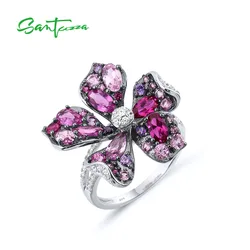 SANTUZZA Silver Ring For Women Genuine 925 Sterling Silver Sparkling Pink Red Stones Blooming Lily Flower Lovely Fine Jewelry