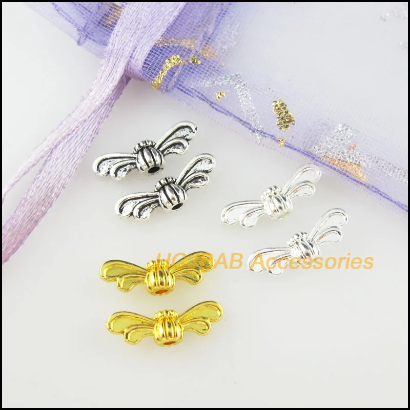 70 New Angel Wings Spacer Beads Tibetan Silver Tone & Gold Color Animal Charms 4.5x13.5mm