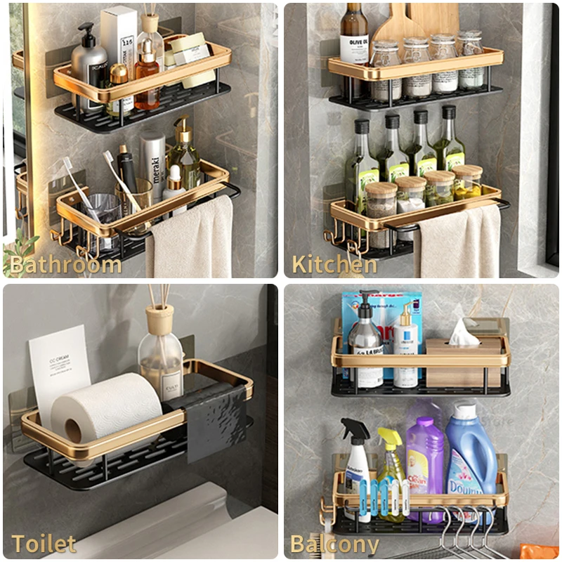 Luxury Bathroom Shelves Without Drilling RustProof Aluminum Shower Wall Shelf Shampoo Towel Holder Bathroom Organizer Accessorie