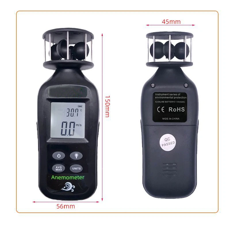 Anemometro digitale GROSAM anemometro portatile per misurare la velocità del vento, la temperatura e il freddo del vento con LCD retroilluminato
