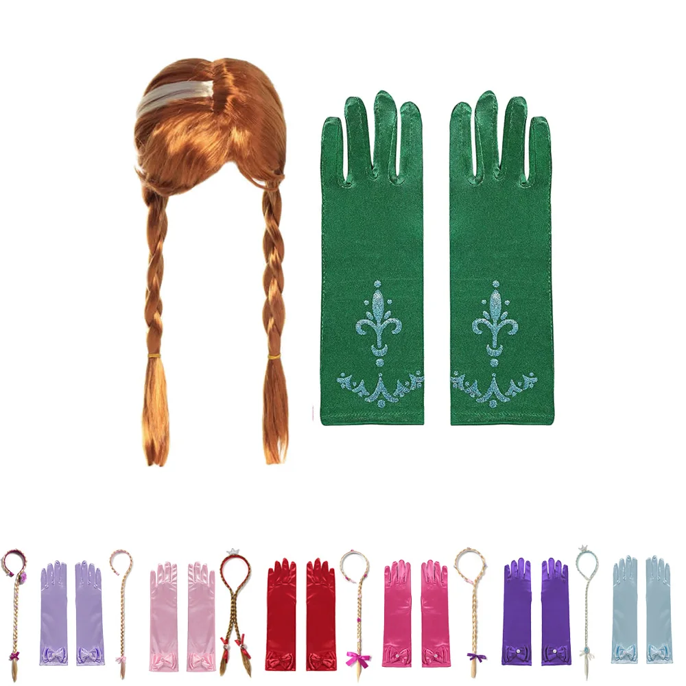 

New Multi-color Anna Wig Gloves Sets Tangled Braid Sleeping Beauty Accessories Princess Role Playing Sets Elsa Glove