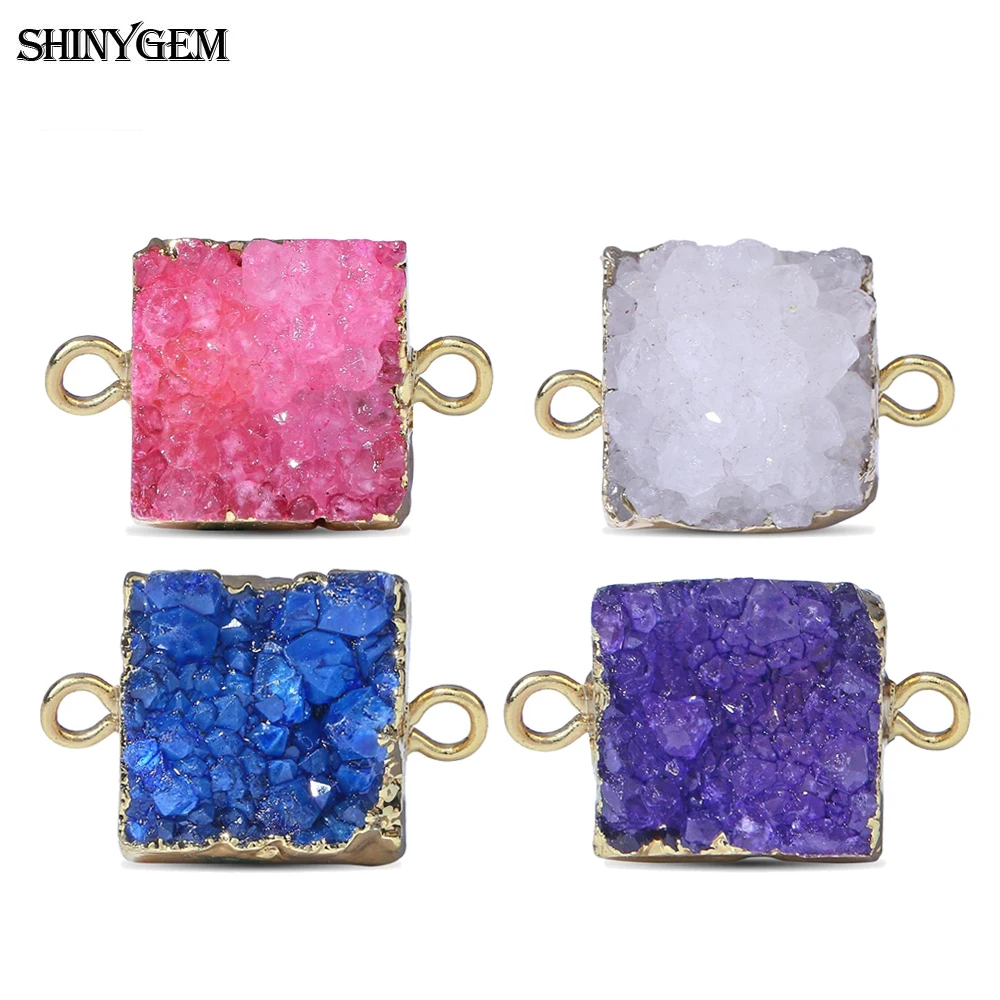 ShinyGem 12mm Charm Square Natural Brazil Agate Crystal Druzy Pendant Connectors Gold Plating Bezel For DIY Jewelry Making