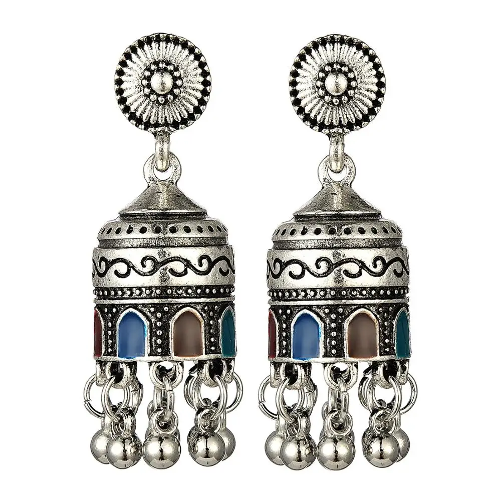 Womens Bollywood Boho Bells Indian Jhumka Earrings Ethnic Retro Oxidized Silver Color Tassel Carved Dangle Earrings For Women