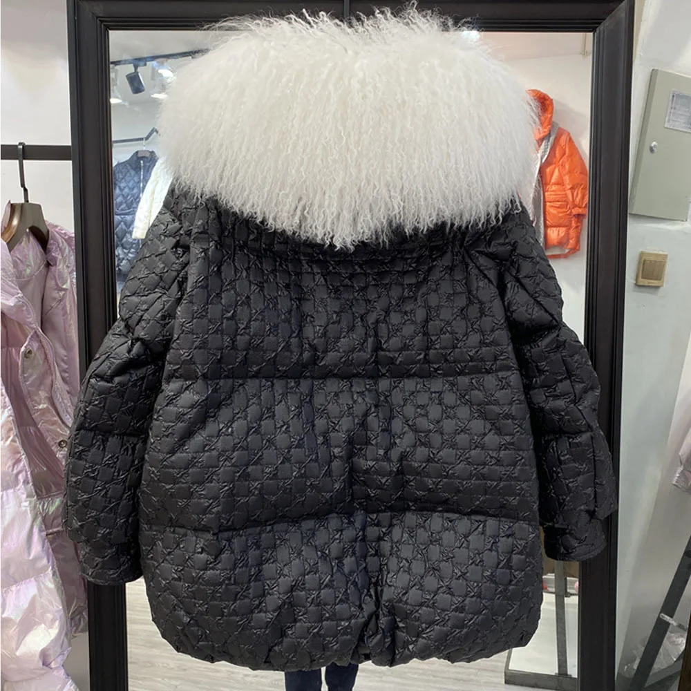 2021 Fashion Winter Real Lamb Fur Collar 90% Down Jacket Women\'s Warm Down Coat Korean Loose Thickening Warm Overcoats Female